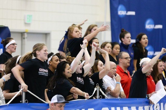 Georgia bench cheering on Day 1 of 2016 NCAA D1 Women's Championships. Photo courtesy of Tim Binning/TheSwimPictures.com