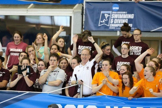 Texas A&M bench at 2016 NCAA D1 Women's Championships. Photo courtesy of Tim Binning/TheSwimPictures.com