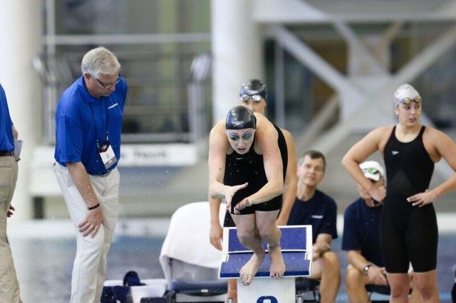Amy Bilquist swimming on Cal's 800 free relay at 2016 NCAA D1 Women's Championships. Photo courtesy of Tim Binning/TheSwimPictures.com