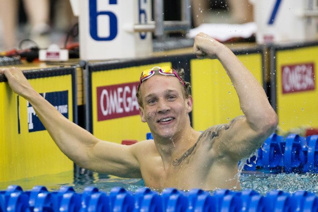 Caeleb Dressel celebrates after a new NCAA Record in the 100 free. (Photo Courtesy: Tim Binning/TheSwimPictures.com)