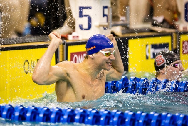 Caeleb Dressel's response after smashing his own records with a 18.20 in the 50 free. Photo Credits: Tim Binning/TheSwimPictures.com