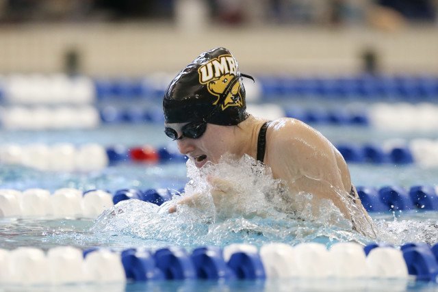 Emily Escobedo of UMBC taking 2nd seed in this morning's 200 breast prelims. Photo Credits: Tim Binning/TheSwimPictures.com