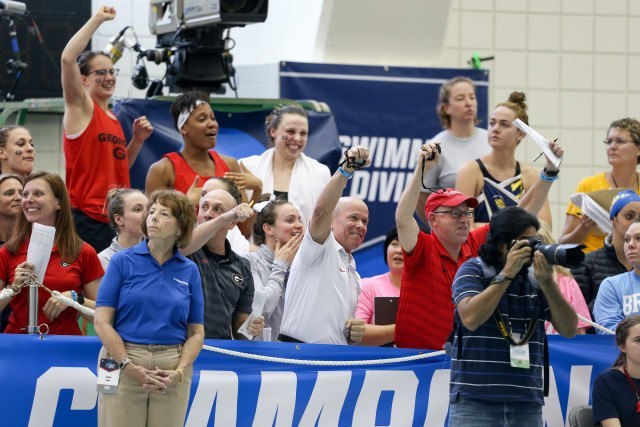 A shot of the Georgia bench cheering the Bulldogs on. Photo Credits: Tim Binning/TheSwimPictures.com