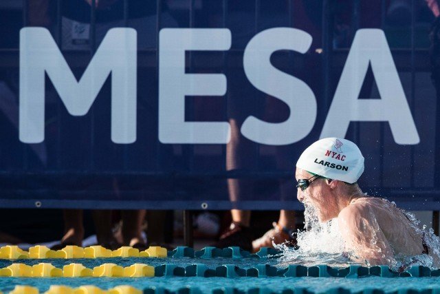 Breeja Larson with the win in the 200 breaststroke Mesa, Arizona (photo: Mike Lewis)