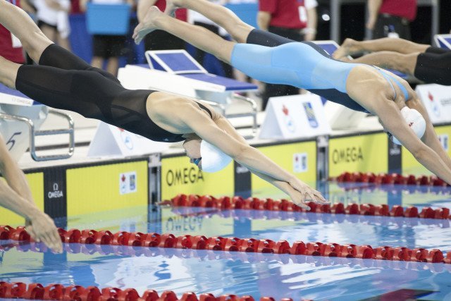 Penny Oleksiak (left) Chantal Vanlandegham (right) 2016 Swimming Canada Olympic Trials.