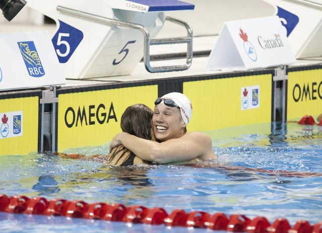 Penny Oleksiak (left) Chantal Vanlandegham (right) 2016 Swimming Canada Olympic Trials.