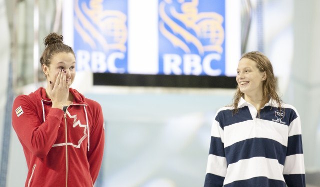 Chantal Vanlandegham (left) Penny Oleksiak (right) 2016 Swimming Canada Olympic Trials.