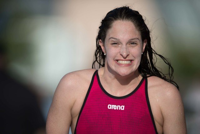 Cammile Adams psyched after her win in the 200 fly (photo: Mike Lewis)