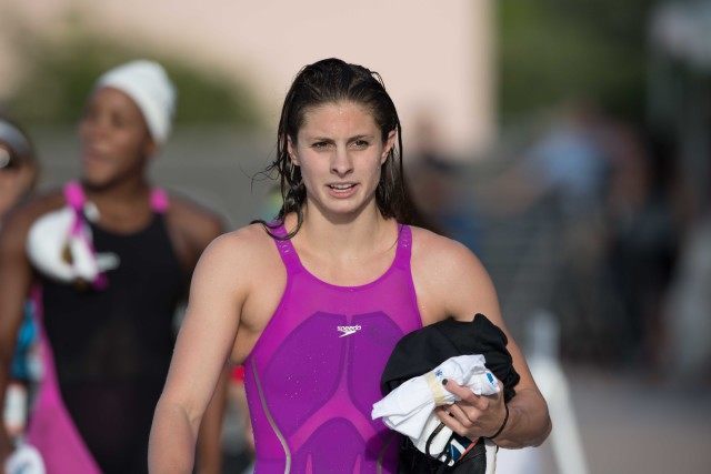 Katie Meili following the women's 100 breastroke (photo: Mike Lewis)