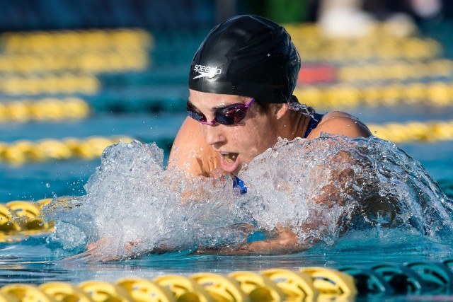 Maya DiRado on the way to the win in the 200 IM at the Mesa Pro Swim Series stop (photo: Mike Lewis)