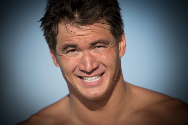 Nathan Adrian following the win in the 50 free at the 2016 Arena Pro Swim Series Mesa, Arizona (photo: Mike Lewis)