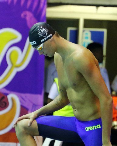 DURBAN, SOUTH AFRICA - APRIL 13: Clvyn Justu in lane 3 for the mens 100m freestyle semi final during the finals session on day 4 of the SA National Aquatic Championships and Olympic Trials on April 13 , 2016 at the Kings Park Aquatic Center pool in Durban, South Africa. Photo Credit / Anesh Debiky/Swim SA