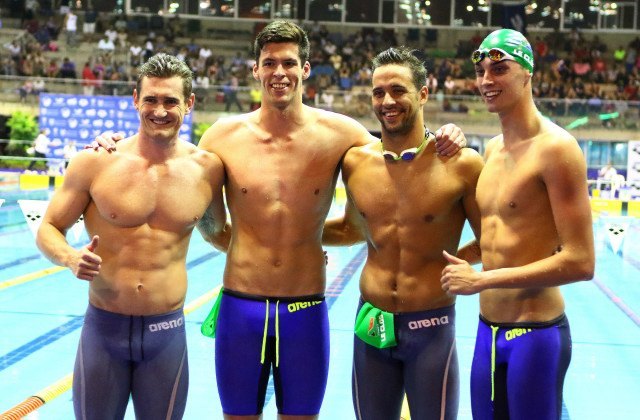 DURBAN, SOUTH AFRICA - APRIL 15: Cameron van den Burgh , Calvyn Justus , Chad le Clos and Christopher Reid after swimming a qualifying time in the 4x100m medley time trial during the finals session on day 6 of the SA National Aquatic Championships and Olympic Trials on April 15 , 2016 at the Kings Park Aquatic Center pool in Durban, South Africa. Photo Credit / Anesh Debiky/Swim SA