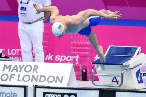 Andriy Govorov taking off on his way to the 50 fly title at the European Championships.