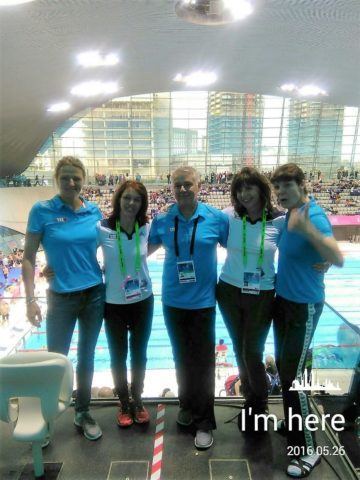 European Masters Championships 2016, Berliner TSC, Gemany: Andrea Kutz, Anke Mus, Coach Olaf Mucha, Manuela Schinn, Ina Ziegler, photo: Silvia Leutloff