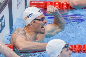 Camille Lacourt shows some emotion after winning the 100 back in London.