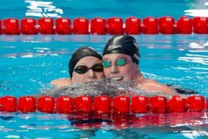 Missy Franklin embracing teammate Katie Ledecky after the 200 freestyle in Kazan where Ledecky won gold and Franklin bronze.