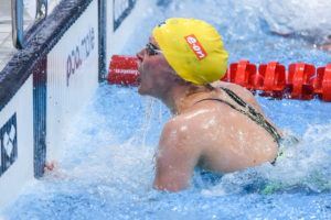 Sarah Sjostrom touches the wall in the women's 50 fly final.
