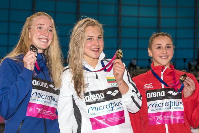 The women's 100 breaststroke medal ceremony featuring gold medallist Ruta Meilutyte.