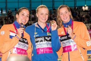 The women's 100 free podium featuring gold medallist Sarah Sjostrom.