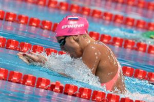 Yuliya Efimova in the semis of the 100 breast at the 2015 FINA world championships Kazan Russia (photo: Mike Lewis, Ola Vista Photography)