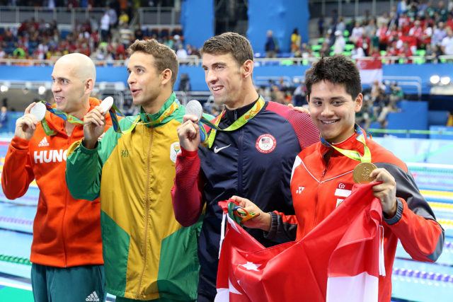 Schooling gold + Phelps, le Clos, Cseh - 100 butterfly - silver tie - 2016 Rio Olympics/photo credit Simone Castrovillari