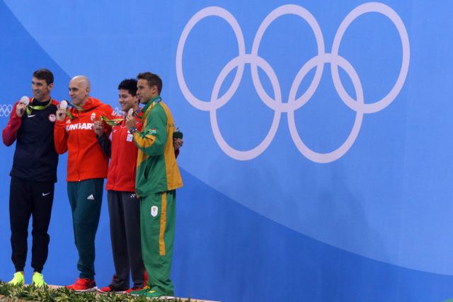 100 butterfly men's podium - Phelps, le Clos, Cseh, Schooling 2016 Rio Olympics/photo credit Simone Castrovillari