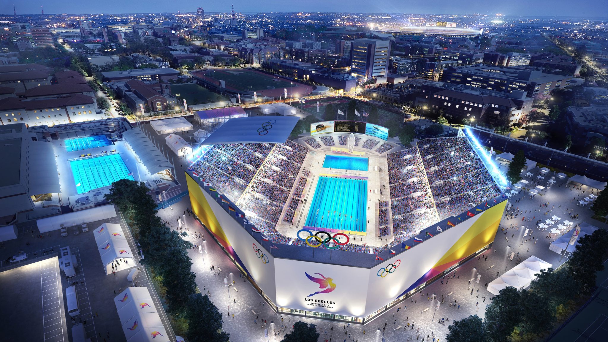 LA 2025 Releases Renderings of Aquatic Center, Coliseum