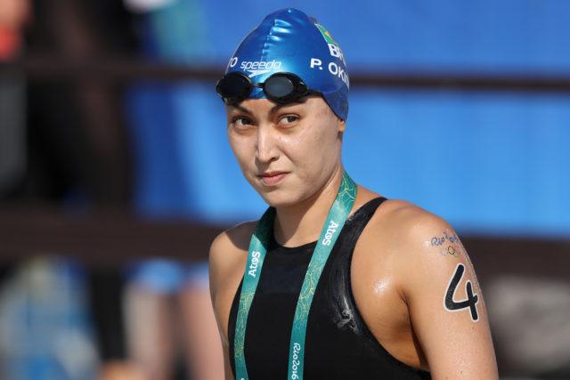 Poliana Okimoto durante a prova de 10Km da maratona aquatica realizada na praia de Copabana. Jogos Olimpicos Rio 2016. 15 de Agosto de 2016, Rio de Janeiro, RJ, Brasil. Foto: Satiro Sodré/SSPress