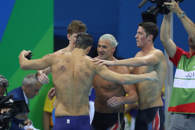 Michael Phelps, Ryan Lochte, Townley Haas, Conor Dwyer, 4x200 Free relay gold - 2016 Rio Olympics/photo credit Simone Castrovillari