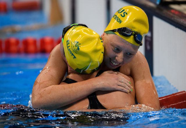 Lakeisha Patterson AUS celebrates with her team mate Maddison Elliott AUS after winning the Gold Medal and breaking the world record the Women's 400m Freestyle - S8 Final in the Olympic Aquatics Stadium. The Paralympic Games, Rio de Janeiro, Brazil, Thursday 8th September 2016. Photo: Bob Martin for OIS. Handout image supplied by OIS/IOC