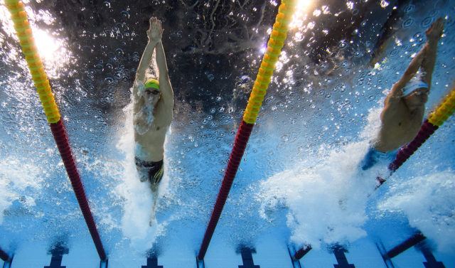Gold Medallist Brenden Hall AUS (left) and Silver Medallist Federico Morlacchi ITA compete in the Men's 400m Freestyle - S9 Final at the Olympic Aquatics Stadium. The Paralympic Games, Rio de Janeiro, Brazil, Friday 9th September 2016. Photo: Bob Martin for OIS/IOC. Handout image supplied by OIS/IOC