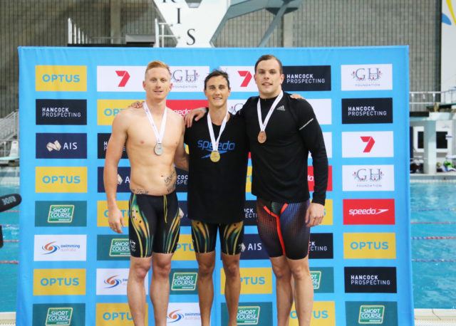 Men's 200m freestyle podium: Cameron McEvoy (gold, center), Daniel Smith (silver, left), Kyle Chalmers (bronze, right); courtesy of Swimming Australia